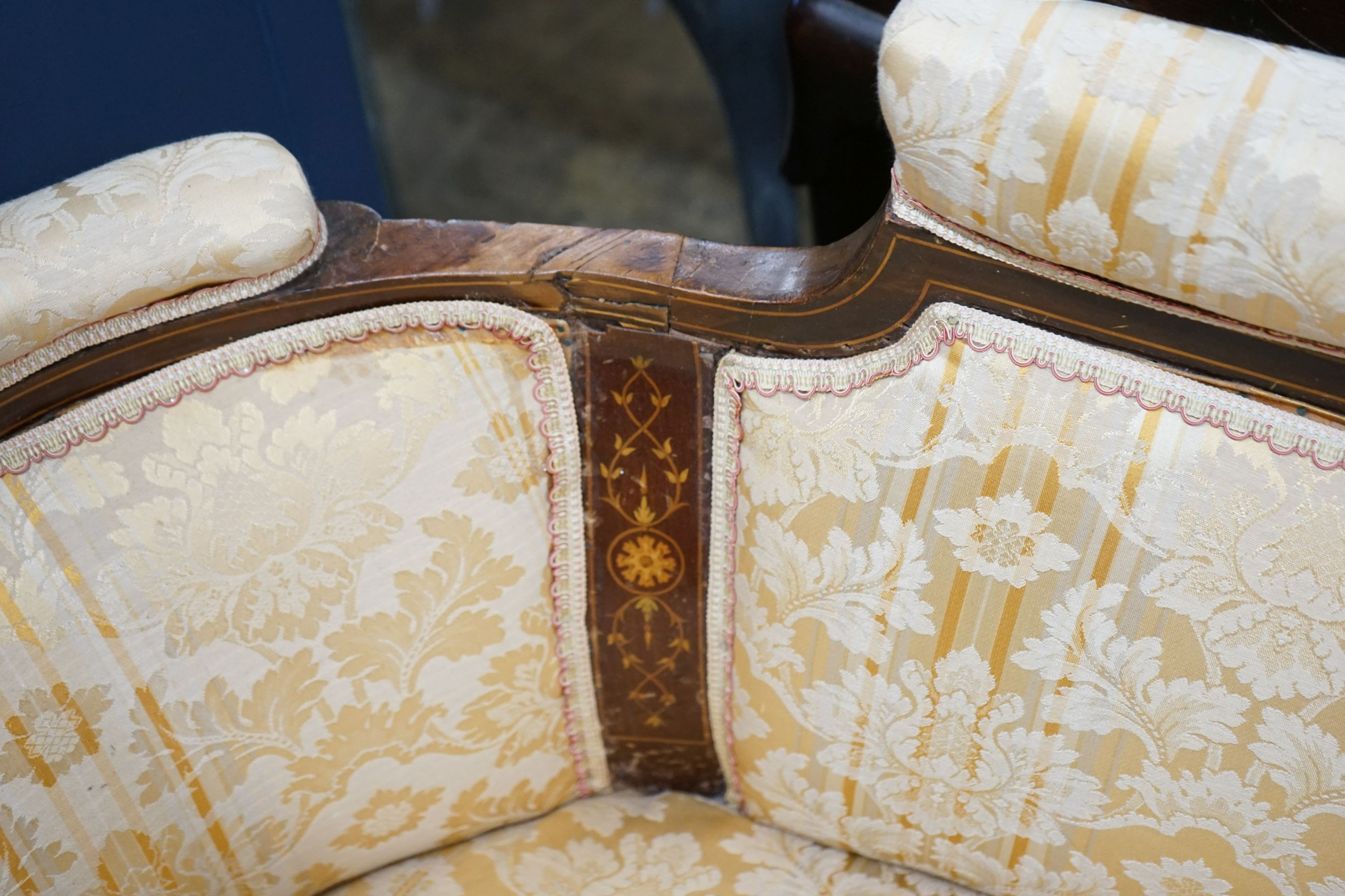 An Edwardian inlaid tub framed settee, length 150cm, depth 60cm, height 66cm